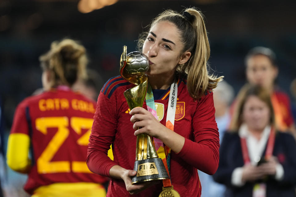 Olga Carmona of Spain and Real Madrid poses with the trophy after winning the FIFA Women's World Cup Australia & New Zealand 2023 Final match between Spain and England at Stadium Australia on August 20, 2023 in Sydney, Australia. (Photo by Jose Breton/Pics Action/NurPhoto via Getty Images)