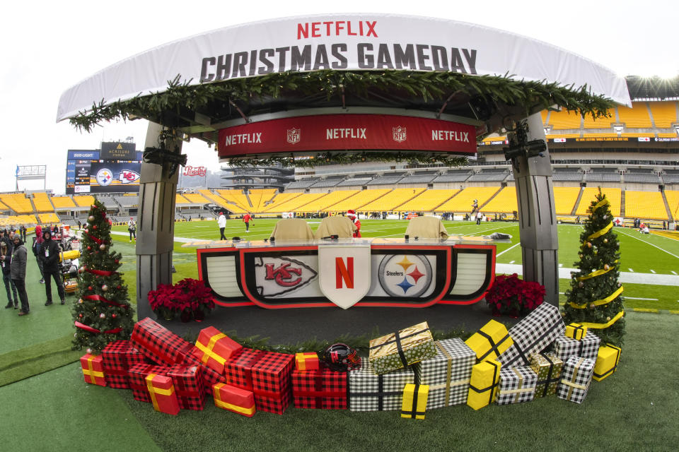 The Netflix Gameday set is seen on Heinz Field before an NFL football game between the Pittsburgh Steelers and the Kansas City Chiefs, Wednesday, Dec. 25, 2024, in Pittsburgh. (AP Photo/Gene J. Puskar)