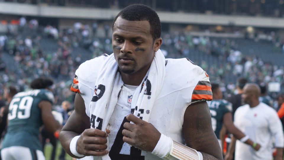 Cleveland Browns quarterback Deshaun Watson (4) heads off the field after the NFL football game against the Philadelphia Eagles, Sunday, Oct. 13, 2024, in Philadelphia. (AP Photo/Chris Szagola)