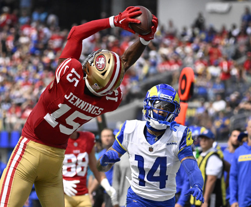 San Francisco 49ers wide receiver Jauan Jennings catches a pass in the first meeting against the Los Angeles Rams this season. (Photo by Keith Birmingham/MediaNews Group/Pasadena Star-News via Getty Images)