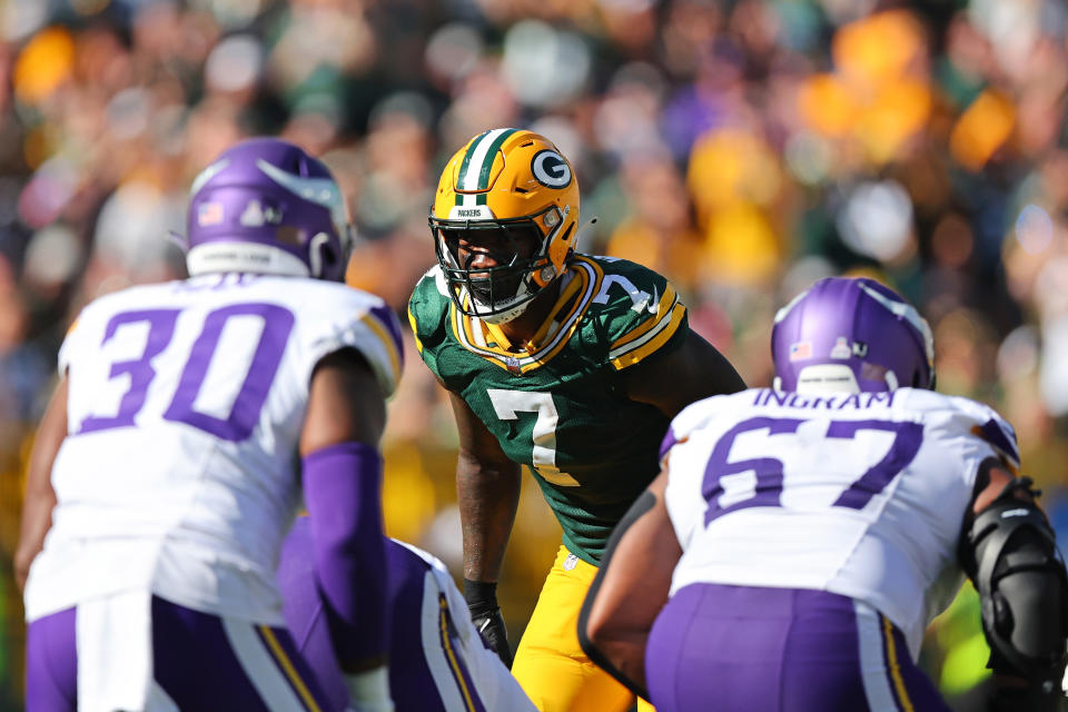 GREEN BAY, WISCONSIN - SEPTEMBER 29: Quay Walker #7 of the Green Bay Packers anticipates a play during a game against the Minnesota Vikings at Lambeau Field on September 29, 2024 in Green Bay, Wisconsin. (Photo by Stacy Revere/Getty Images)