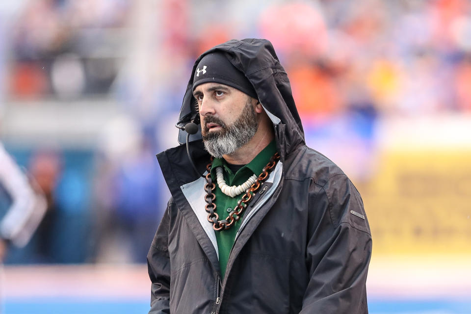 BOISE, ID - DECEMBER 7: Head Coach Nick Rolovich of the Hawaii Rainbow Warriors watches a replay during second half action in the Mountain West Championship against the Boise State Broncos on December 7, 2019 at Albertsons Stadium in Boise, Idaho. Boise State won the game 31-10. (Photo by Loren Orr/Getty Images)