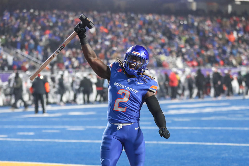 BOISE, ID - DECEMBER 06: Running back Ashton Jeanty #2 of the Boise State Broncos fires up the crowd prior to the start of the Mountain West Championship between the Boise State Broncos and the UNLV Rebels at Albertsons Stadium on December 06, 2024 in Boise, Idaho. (Photo by Loren Orr/Getty Images