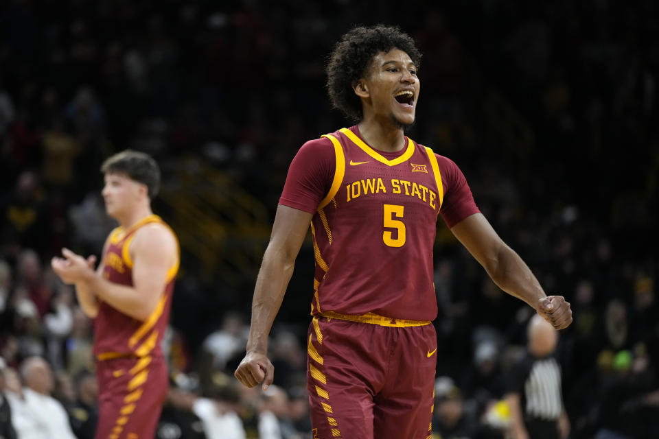 Iowa State guard Curtis Jones celebrates at the end ofan NCAA college basketball game against Iowa, Thursday, Dec. 12, 2024, in Iowa City, Iowa. (AP Photo/Charlie Neibergall)