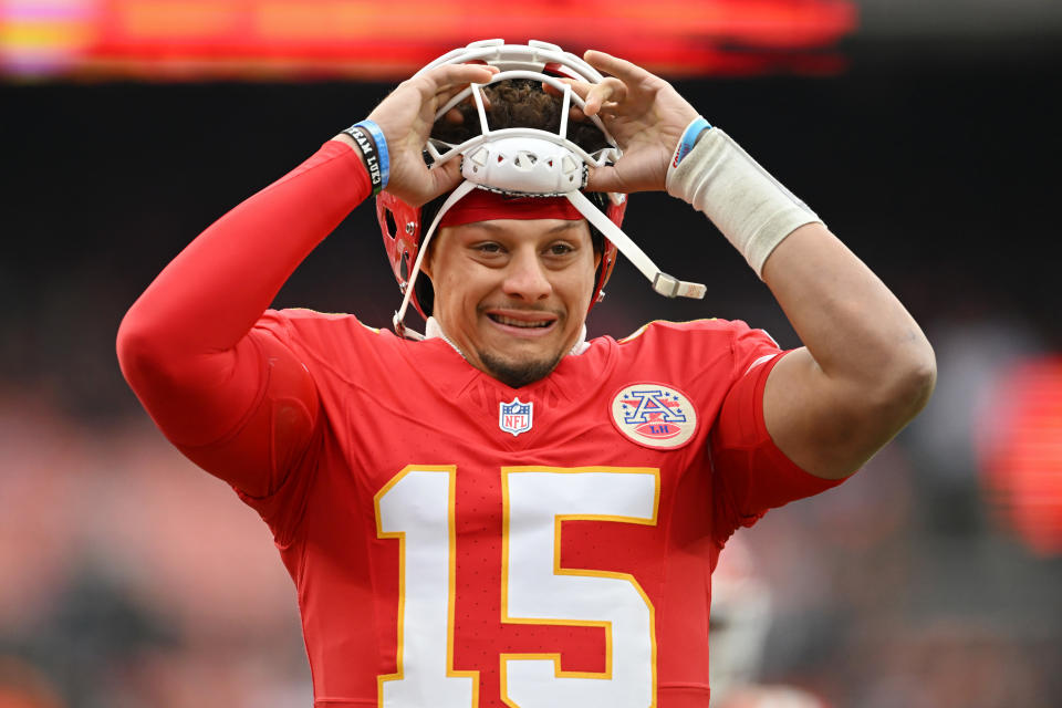 CLEVELAND, OHIO - DECEMBER 15: Patrick Mahomes #15 of the Kansas City Chiefs looks on during the first quarter against the Cleveland Browns at Huntington Bank Field on December 15, 2024 in Cleveland, Ohio. (Photo by Nick Cammett/Getty Images)