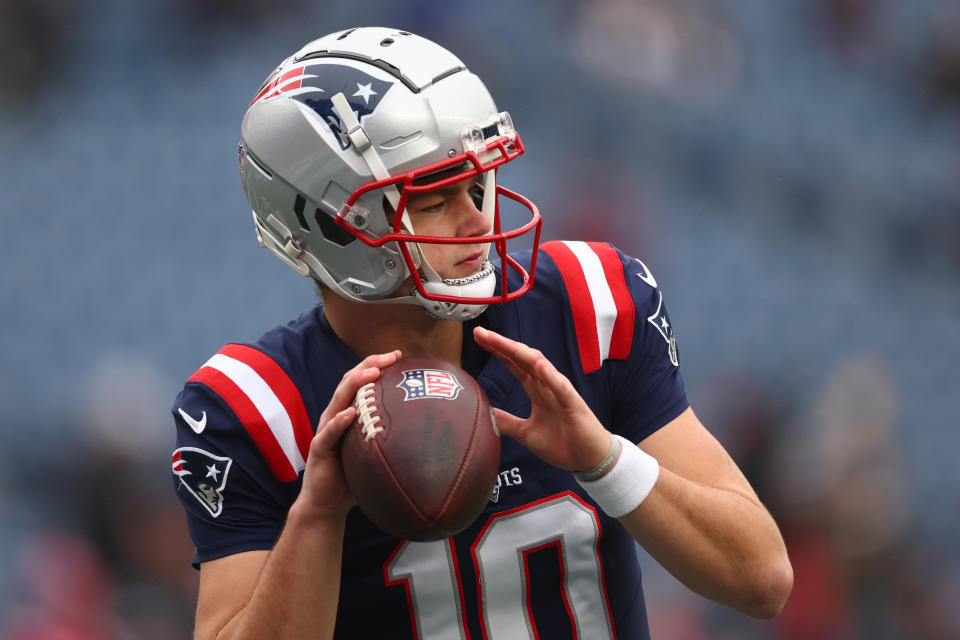 Drake Maye of the New England Patriots left Saturday's game early after getting hit in the head. (Photo by Maddie Meyer/Getty Images)