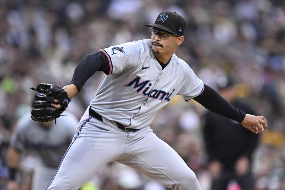 SAN DIEGO, CALIFORNIA - MAY 28: Jesus Luzardo #44 of the Miami Marlins pitches against the San Diego Padres during the second inning at Petco Park on May 28, 2024 in San Diego, California. (Photo by Orlando Ramirez/Getty Images)