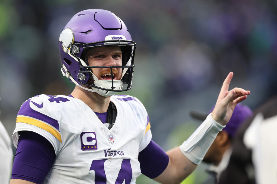 SEATTLE, WASHINGTON - DECEMBER 22: Sam Darnold #14 of the Minnesota Vikings gestures against the Seattle Seahawks during the fourth quarter at Lumen Field on December 22, 2024 in Seattle, Washington. (Photo by Steph Chambers/Getty Images)