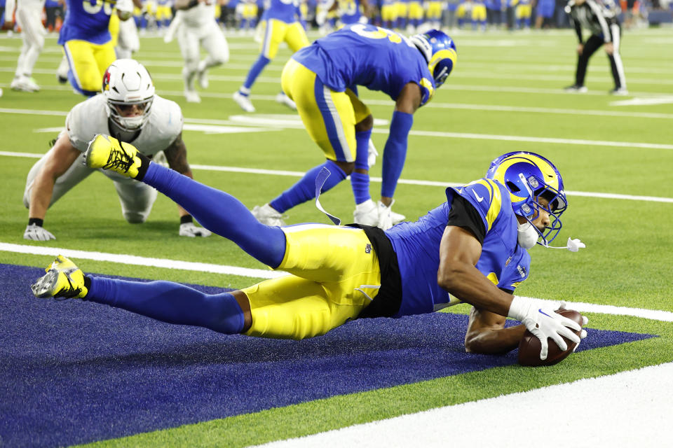 INGLEWOOD, CALIFORNIA - DECEMBER 28: Ahkello Witherspoon #4 of the Los Angeles Rams intercepts a pass during the fourth quarter against the Arizona Cardinals at SoFi Stadium on December 28, 2024 in Inglewood, California. (Photo by Ronald Martinez/Getty Images)