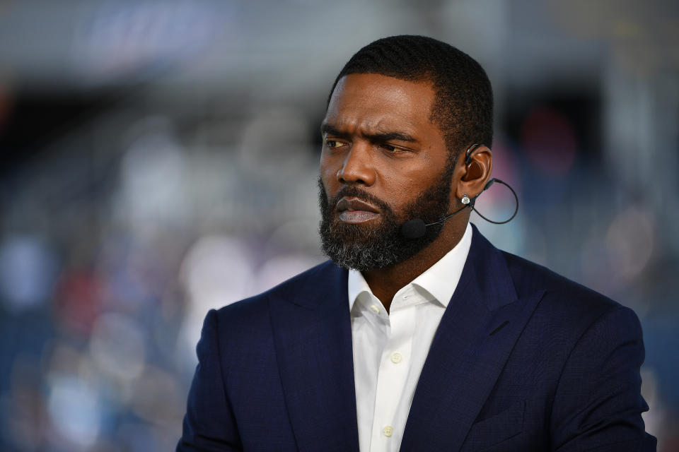 ORLANDO, FLORIDA - JANUARY 26: Randy Moss from ESPN looks on during the 2020 NFL Pro Bowl at Camping World Stadium on January 26, 2020 in Orlando, Florida. (Photo by Mark Brown/Getty Images)