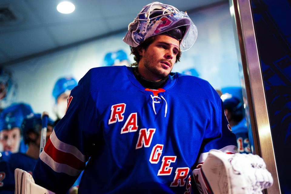 NEW YORK, NEW YORK - DECEMBER 02: Igor Shesterkin #31 of the New York Rangers heads to the ice for warmups prior to the game against the New Jersey Devils at Madison Square Garden on December 2, 2024 in New York City. (Photo by Jared Silber/NHLI via Getty Images)