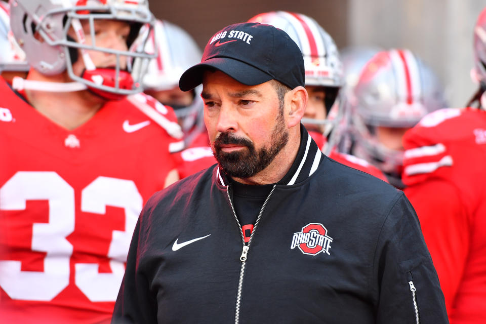 COLUMBUS, OHIO - NOVEMBER 30: Head coach Ryan Day of the Ohio State Buckeyes lines up to take the field prior to a game against the Michigan Wolverines at Ohio Stadium on November 30, 2024 in Columbus, Ohio. (Photo by Ben Jackson/Getty Images)