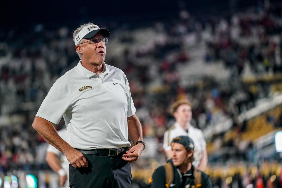 ORLANDO, FL - NOVEMBER 29: UCF Knights head coach Gus Malzahn looks on before a game between the UCF Knights and the Utah Utes, Friday, November 29, 2024 at FBC Mortgage Stadium in Orlando, Fl (Photo by Ricky Bowden/Icon Sportswire via Getty Images)