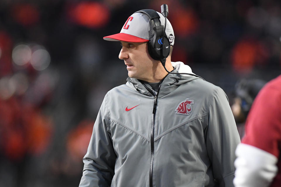 CORVALLIS, OR - NOVEMBER 23: Washington State Cougars head coach Jake Dickert watches play from the sideline during a college football game between the Washington State Cougars and Oregon State Beavers on November 23, 2024, at Reser Stadium in Corvallis, Oregon. (Photo by Brian Murphy/Icon Sportswire via Getty Images)