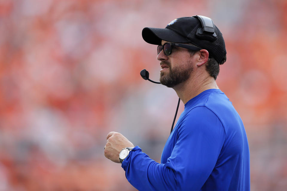 STILLWATER, OK - AUGUST 31: Head coach Jimmy Rogers of the South Dakota State Jackrabbits watches his team against the Oklahoma State Cowboys in the third quarter at Boone Pickens Stadium on August 31, 2024 in Stillwater, Oklahoma. Oklahoma State won 44-20. (Photo by Brian Bahr/Getty Images)