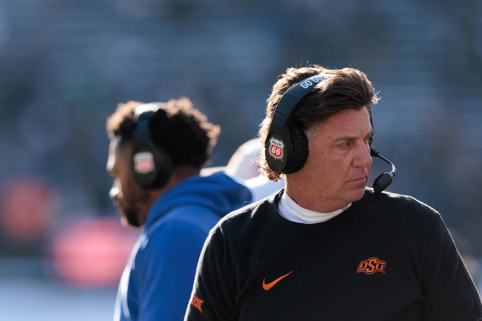 BOULDER, COLORADO - NOVEMBER 29: Head coach Mike Gundy of the Oklahoma State Cowboys looks on during the first quarter against the Colorado Buffaloes at Folsom Field on November 29, 2024 in Boulder, Colorado. (Photo by Andrew Wevers/Getty Images)