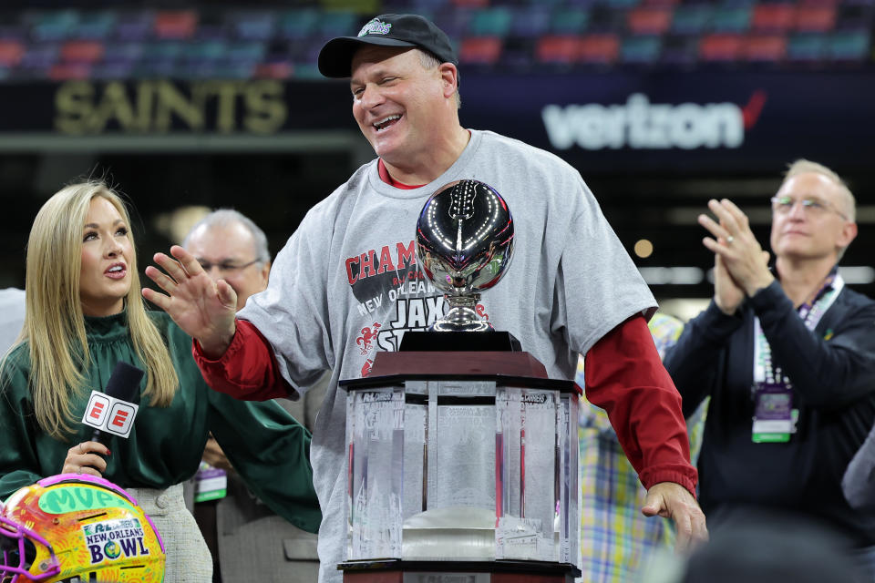 NEW ORLEANS, LOUISIANA - DECEMBER 16: Head coach Rich Rodriguez of the Jacksonville State Gamecocks speaks at the podium after a win over the Louisiana-Lafayette Ragin Cajuns after the R+L Carriers New Orleans Bowl at Caesars Superdome on December 16, 2023 in New Orleans, Louisiana. (Photo by Jonathan Bachman/Getty Images)