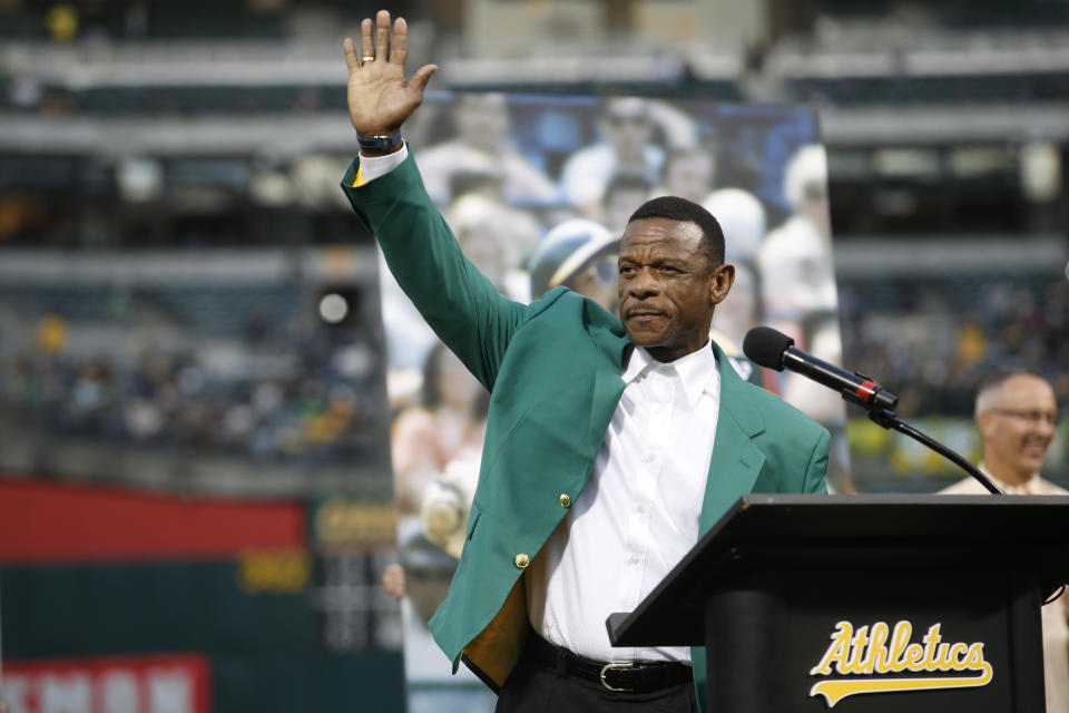 OAKLAND, CA - SEPTEMBER 5: Rickey Henderson addresses the crowd during a pregame ceremony introducing the first members of the Oakland Athletics Hall of Fame prior to the game between the Athletics and the New York Yankees on September 5, 2018 in Oakland, California. The Athletics defeated the Yankees 8-2. (Photo by Michael Zagaris/Oakland Athletics/Getty Images)