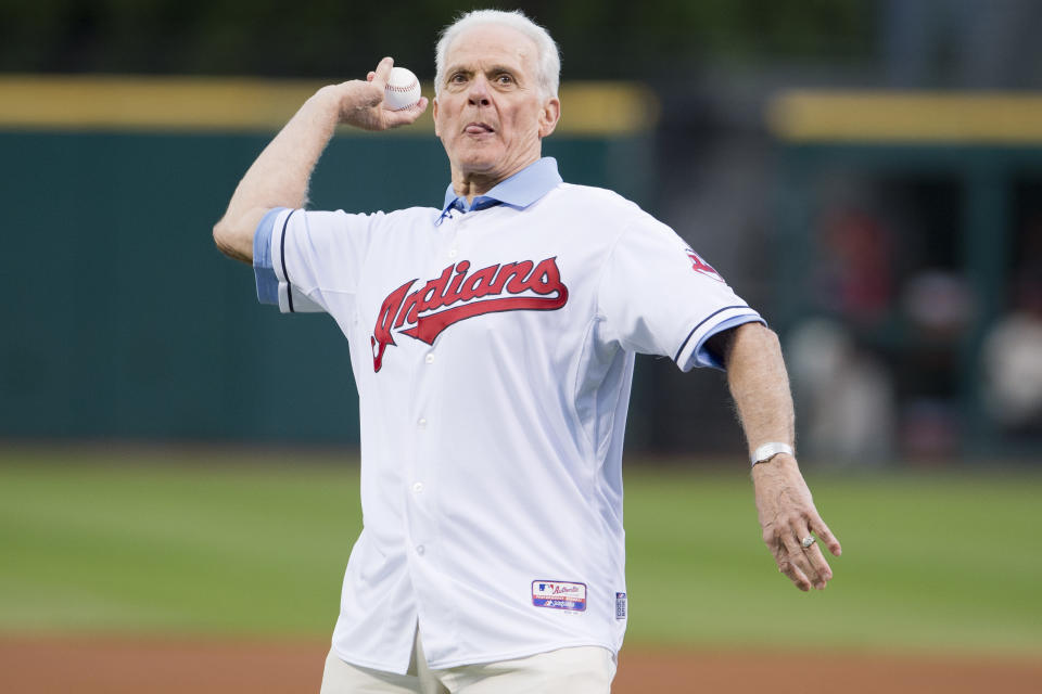 CLEVELAND, OH - AUGUST 10: Cleveland Indians hall of famer Rocky Colavito throws out the first pitch prior to the game between the Cleveland Indians and the Los Angeles Angels of Anaheim at Progressive Field on August 10, 2013 in Cleveland, Ohio. (Photo by Jason Miller/Getty Images)