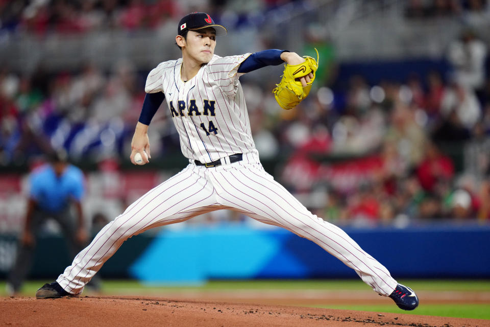 MIAMI, FL - MARCH 20: Roki Sasaki #14 of Team Japan pitches during the 2023 World Baseball Classic Semifinal game between Team Mexico and Team Japan at loanDepot Park on Monday, March 20, 2023 in Miami, Florida. (Photo by Daniel Shirey/WBCI/MLB Photos via Getty Images)