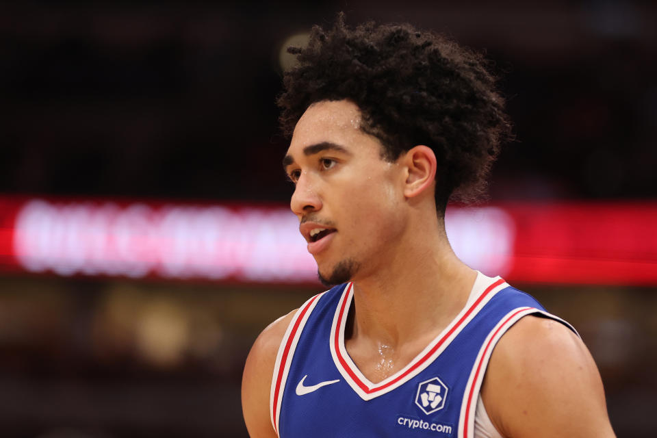 CHICAGO, ILLINOIS - DECEMBER 08: Jared McCain #20 of the Philadelphia 76ers looks on against the Chicago Bulls during the second half at the United Center on December 08, 2024 in Chicago, Illinois. NOTE TO USER: User expressly acknowledges and agrees that, by downloading and or using this photograph, User is consenting to the terms and conditions of the Getty Images License Agreement. (Photo by Michael Reaves/Getty Images)