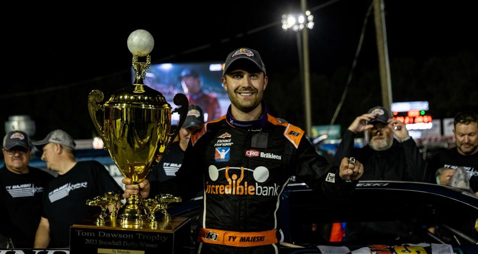 Ty Majeski, driver of the No. 91 SLM, celebrates in victory lane after winning the Snowball Derby at Five Flags Speedway in Pensacola, Florida on December 3, 2023. (Susan Wong/NASCAR)