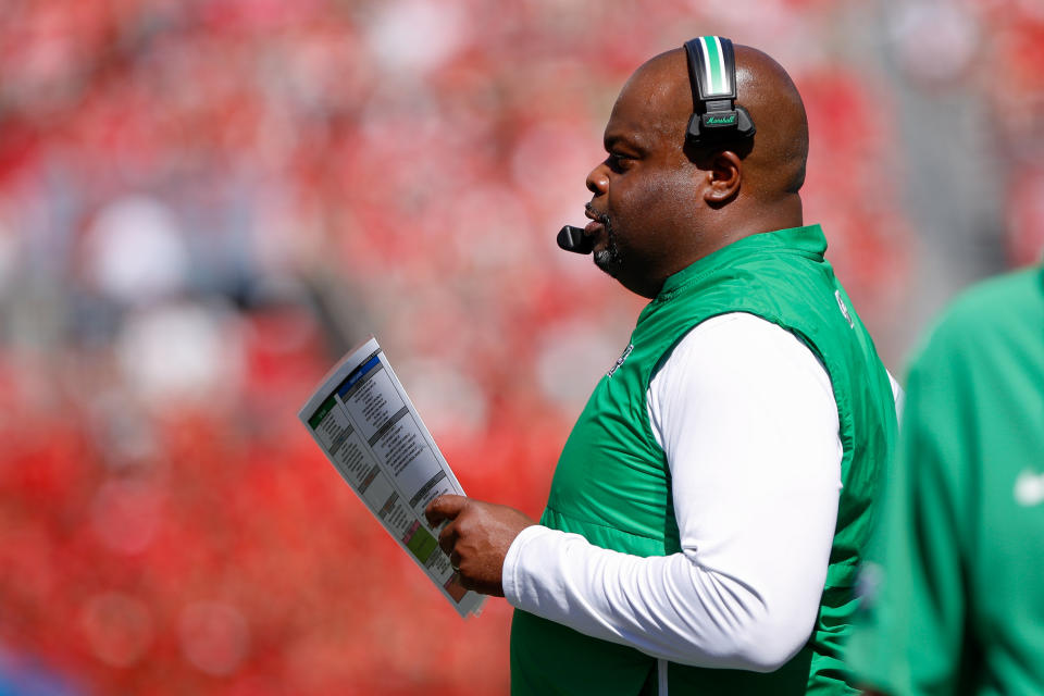 COLUMBUS, OH - SEPTEMBER 21: Marshall Thundering Herd head coach Charles Huff watches a play during the game against Marshall Thundering Herd and the Ohio State Buckeyes on September 21, 2024, at Ohio Stadium in Columbus, OH. (Photo by Ian Johnson/Icon Sportswire via Getty Images)