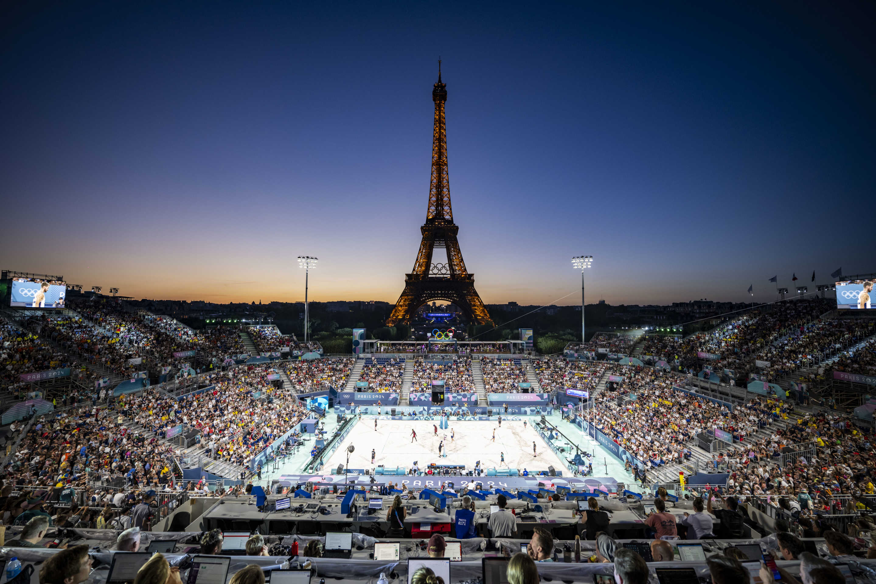 PARIS, FRANCE - AUGUST 10: A general view inside Eiffel Tower Stadium during the Men's Bronze Medal match between Anders Berntsen Mol and Christian Sandlie Soerum of Team Norway and Cherif Younousse and Ahmed Tijan of Team Qatar on day fifteen of the Olympic Games Paris 2024 at the Eiffel Tower Stadium on August 10, 2024 in Paris, France. (Photo by Kevin Voigt/GettyImages)