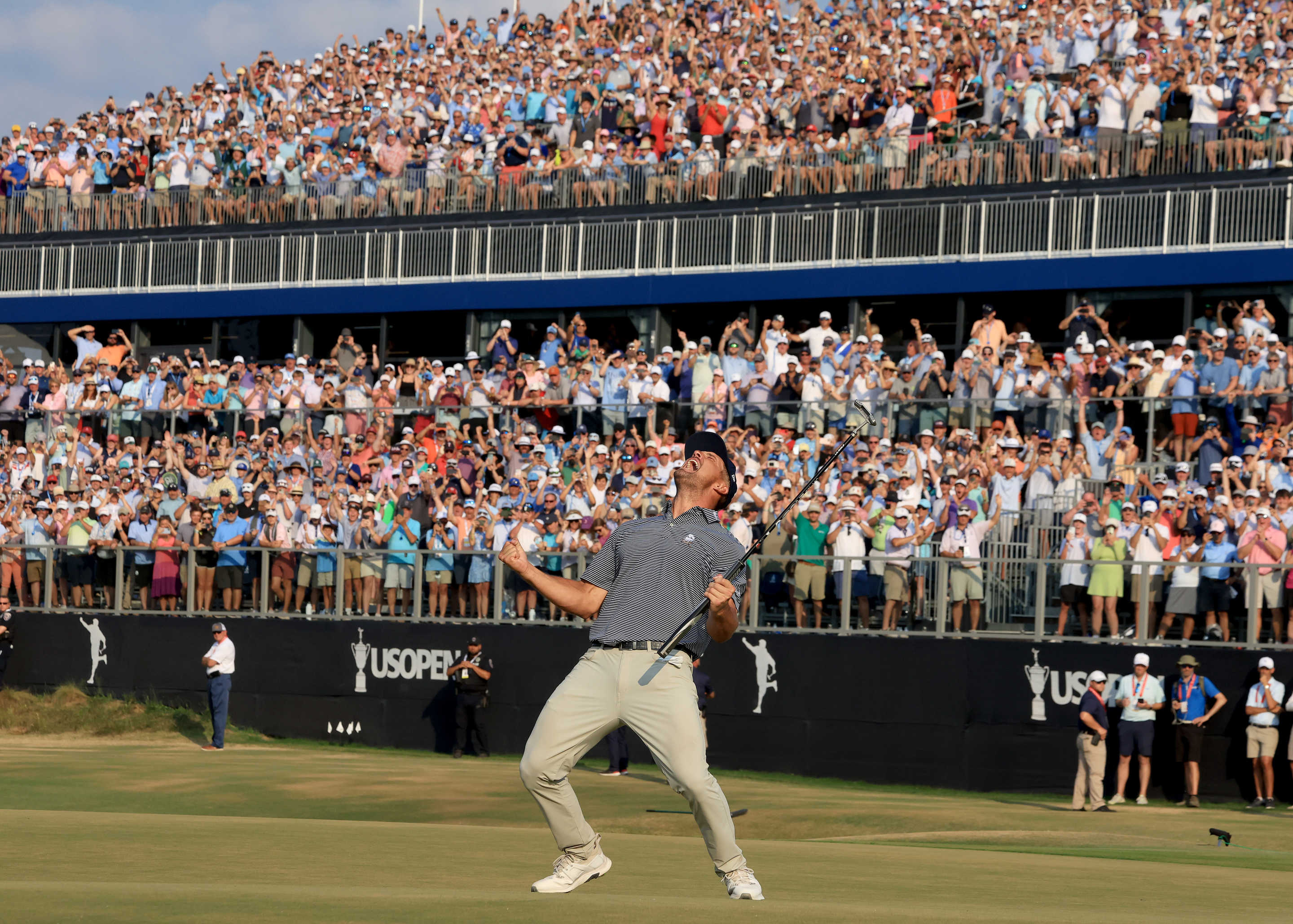 PINEHURST, NORTH CAROLINA - JUNE 16: Bryson DeChambeau of The United States celebrates his winning putt on the 18th green during the final round of the 2024 U.S. Open Championship on the No.2 Course at The Pinehurst Resort on June 16, 2024 in Pinehurst, North Carolina. (Photo by David Cannon/Getty Images)