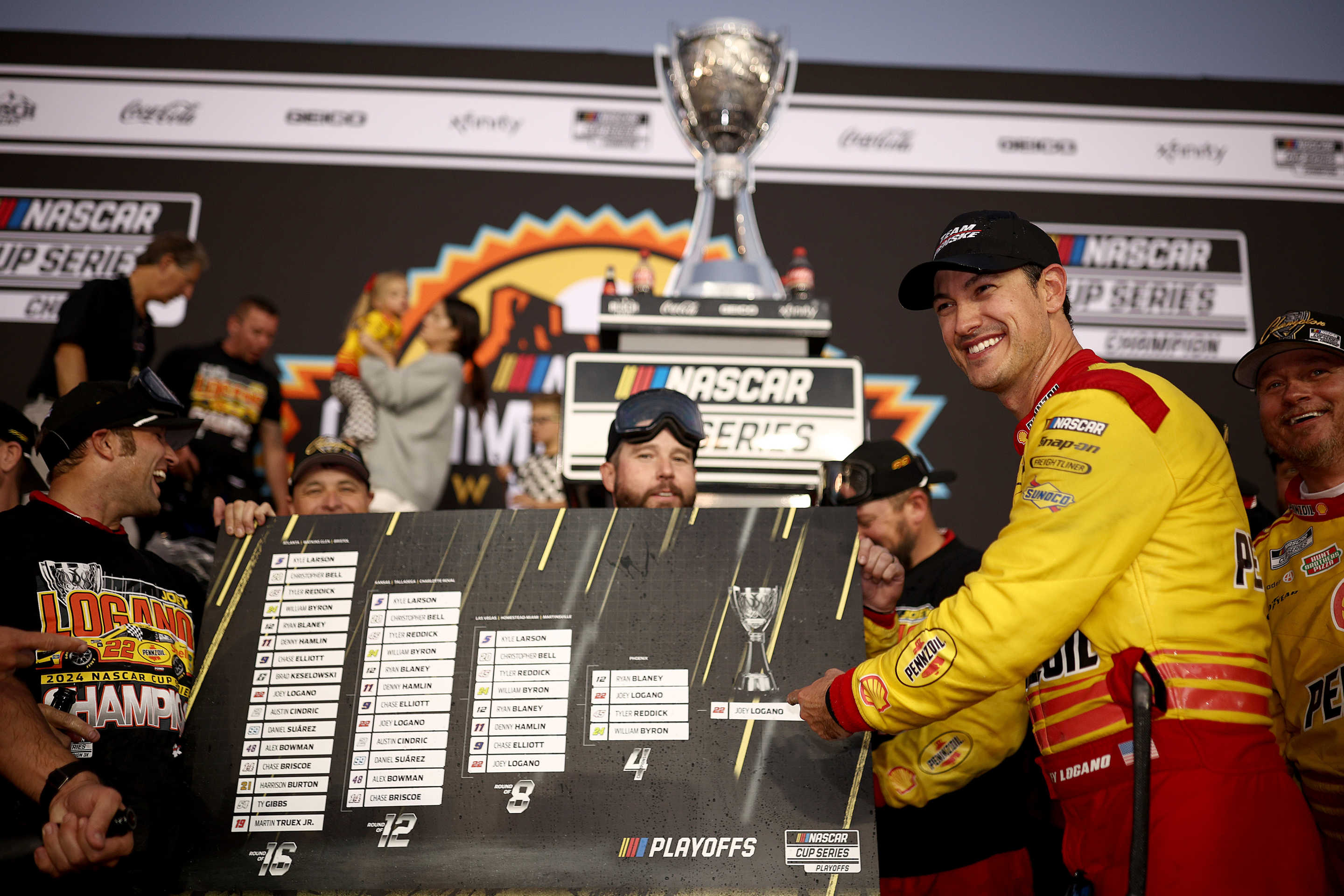 AVONDALE, ARIZONA - NOVEMBER 10: Joey Logano, driver of the #22 Shell Pennzoil Ford, places his name champion position of the NASCAR Playoffs Grid Challenge in victory lane after winning the NASCAR Cup Series Championship Race at Phoenix Raceway on November 10, 2024 in Avondale, Arizona. (Photo by Jared C. Tilton/Getty Images)