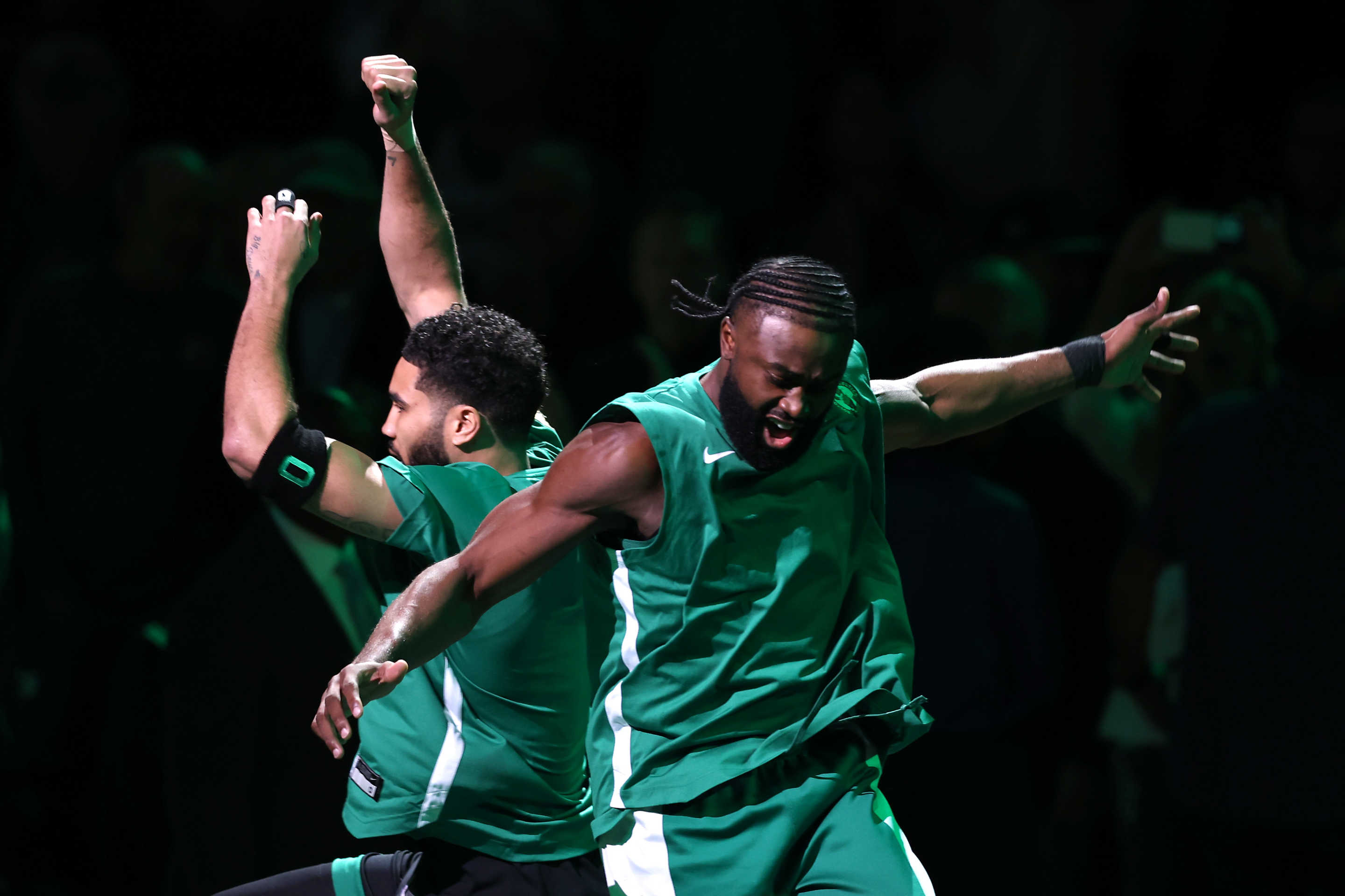 BOSTON, MASSACHUSETTS - JUNE 09: Jaylen Brown #7 and Jayson Tatum #0 of the Boston Celtics are introduced prior to Game Two of the 2024 NBA Finals against the Dallas Mavericks at TD Garden on June 09, 2024 in Boston, Massachusetts. NOTE TO USER: User expressly acknowledges and agrees that, by downloading and or using this photograph, User is consenting to the terms and conditions of the Getty Images License Agreement. (Photo by Adam Glanzman/Getty Images)