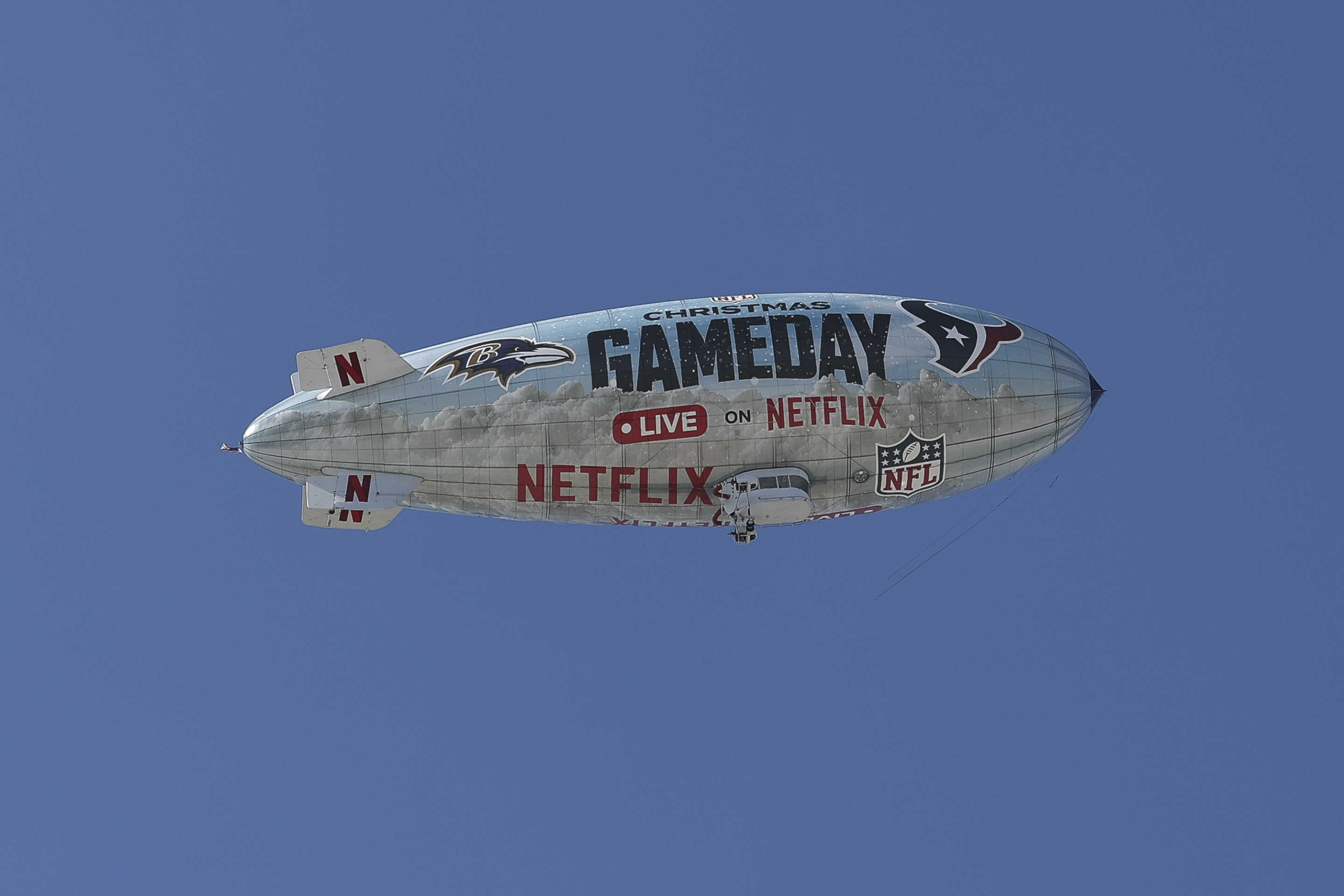 NEW ORLEANS, LOUISIANA - DECEMBER 01: NFL Christmas Gameday signage on a blimp advertising the NFL's two Christmas Day marquee games streaming live on Netflix on December 01, 2024 in New Orleans, Louisiana. (Photo by Aaron M. Sprecher/Getty Images)