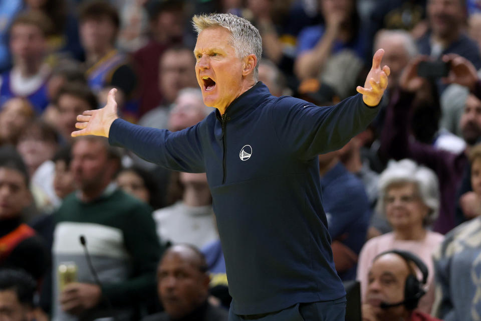 DENVER, COLORADO - DECEMBER 03: Head coach Steve Kerr of the Golden State Warriors questions the officials while playing against the Denver Nuggets in the fourth quarter of the Emirates NBA Cup at Ball Arena on December 3, 2024 in Denver, Colorado. NOTE TO USER: User expressly acknowledges and agrees that, by downloading and or using this photograph, User is consenting to the terms and conditions of the Getty Images License Agreement. (Photo by Matthew Stockman/Getty Images)