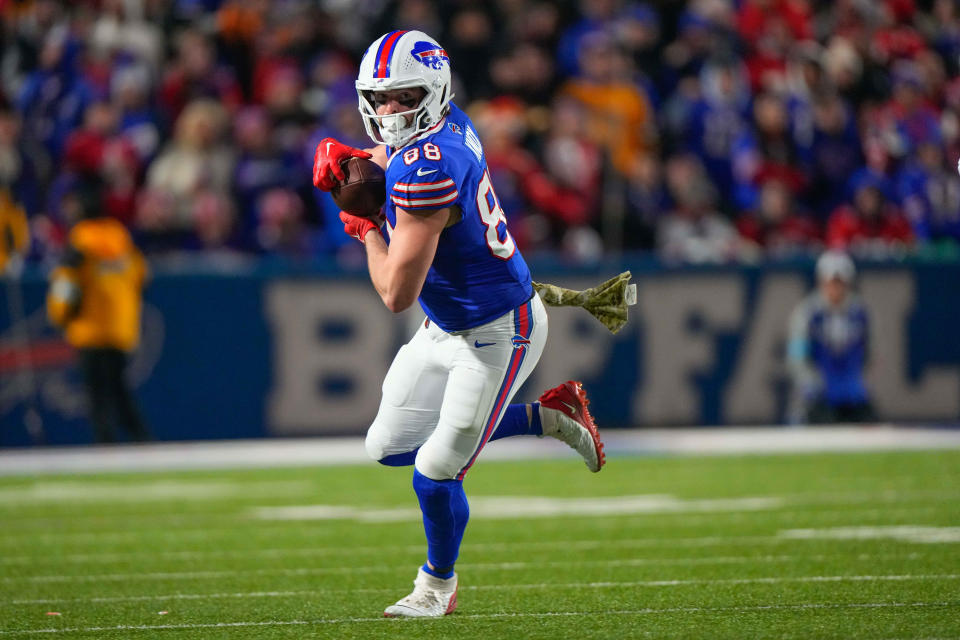 Nov 17, 2024; Orchard Park, New York, USA; Buffalo Bills tight end Dawson Knox (88) makes a catch against the Kansas City Chiefs during the second half at Highmark Stadium. Mandatory Credit: Gregory Fisher-Imagn Images