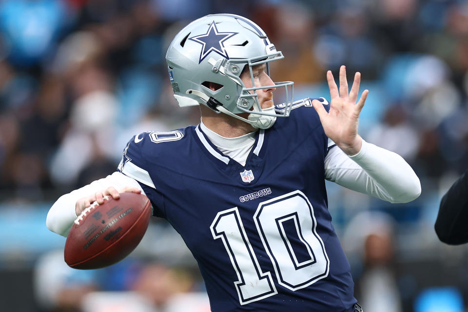 CHARLOTTE, NORTH CAROLINA - DECEMBER 15: Cooper Rush #10 of the Dallas Cowboys attempts a pass during the second half of the game against the Carolina Panthers at Bank of America Stadium on December 15, 2024 in Charlotte, North Carolina. (Photo by Jared C. Tilton/Getty Images)