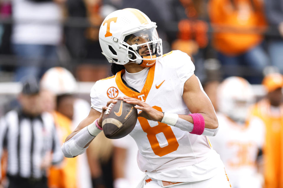 NASHVILLE, TENNESSEE - NOVEMBER 30: Nico Iamaleava #8 of the Tennessee Volunteers drops back to pass during the second half of the game between the Tennessee Volunteers and the Vanderbilt Commodores at FirstBank Stadium on November 30, 2024 in Nashville, Tennessee. (Photo by Johnnie Izquierdo/Getty Images)