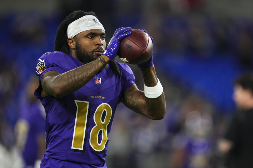 BALTIMORE, MD - NOVEMBER 07: Diontae Johnson #18 of the Baltimore Ravens warms up prior to an NFL football game against the Cincinnati Bengals at M&T Bank Stadium on November 7, 2024 in Baltimore, Maryland. (Photo by Cooper Neill/Getty Images)