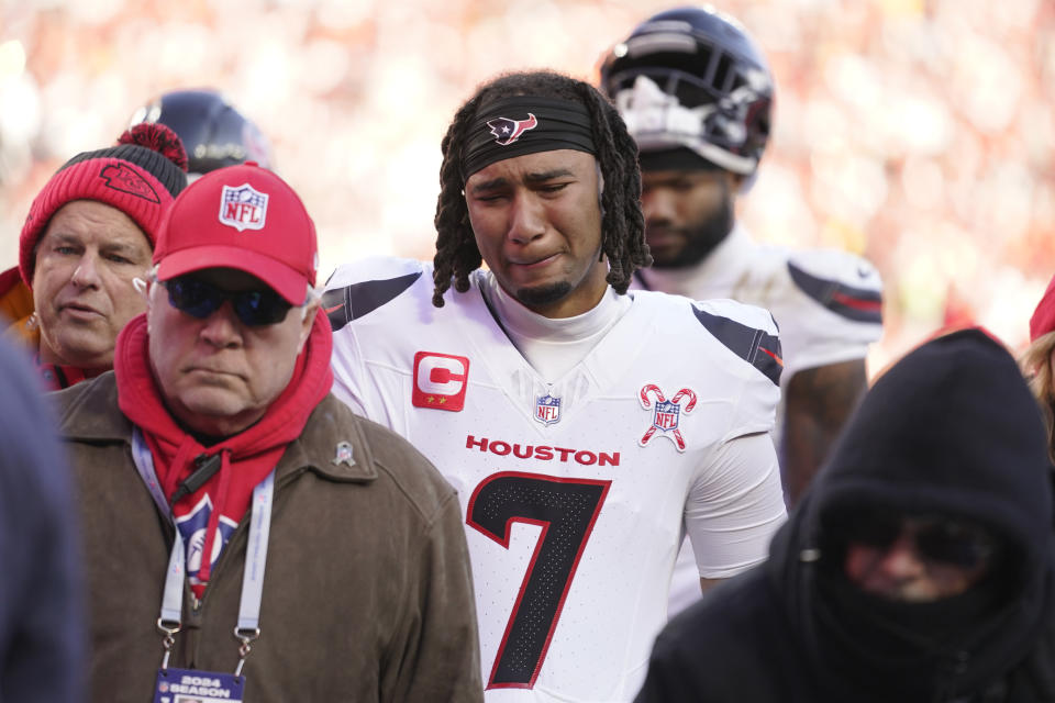 Texans quarterback C.J. Stroud was visibly shaken after the injury to teammate Tank Dell. (AP Photo/Ed Zurga)