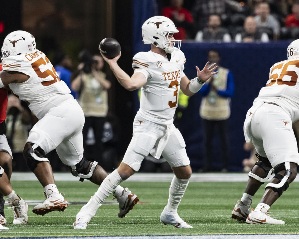 ATLANTA, GEORGIA - DECEMBER 7: Quinn Ewers #3 of the Texas Longhorns passes the ball during a game between the Georgia Bulldogs and the Texas Longhorns at Mercedes-Benz Stadium on December 7, 2024 in Atlanta, Georgia. (Photo by Steve Limentani/ISI Photos/Getty Images)