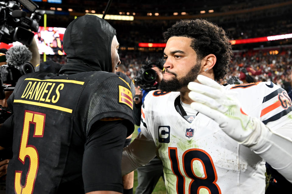 Jayden Daniels of the Washington Commanders and Caleb Williams of the Chicago Bears have both had exciting moments as rookies. (Photo by G Fiume/Getty Images)