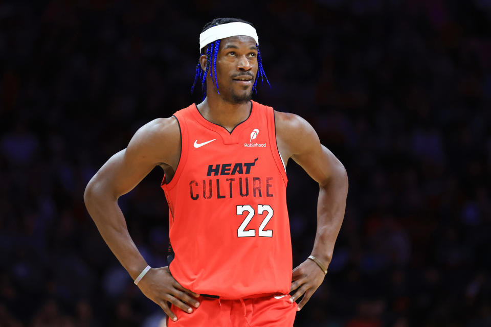 MIAMI, FLORIDA - DECEMBER 08: Jimmy Butler #22 of the Miami Heat looks on against the Cleveland Cavaliers during the fourth quarter of the game at Kaseya Center on December 08, 2024 in Miami, Florida. NOTE TO USER: User expressly acknowledges and agrees that, by downloading and or using this photograph, User is consenting to the terms and conditions of the Getty Images License Agreement. (Photo by Megan Briggs/Getty Images)