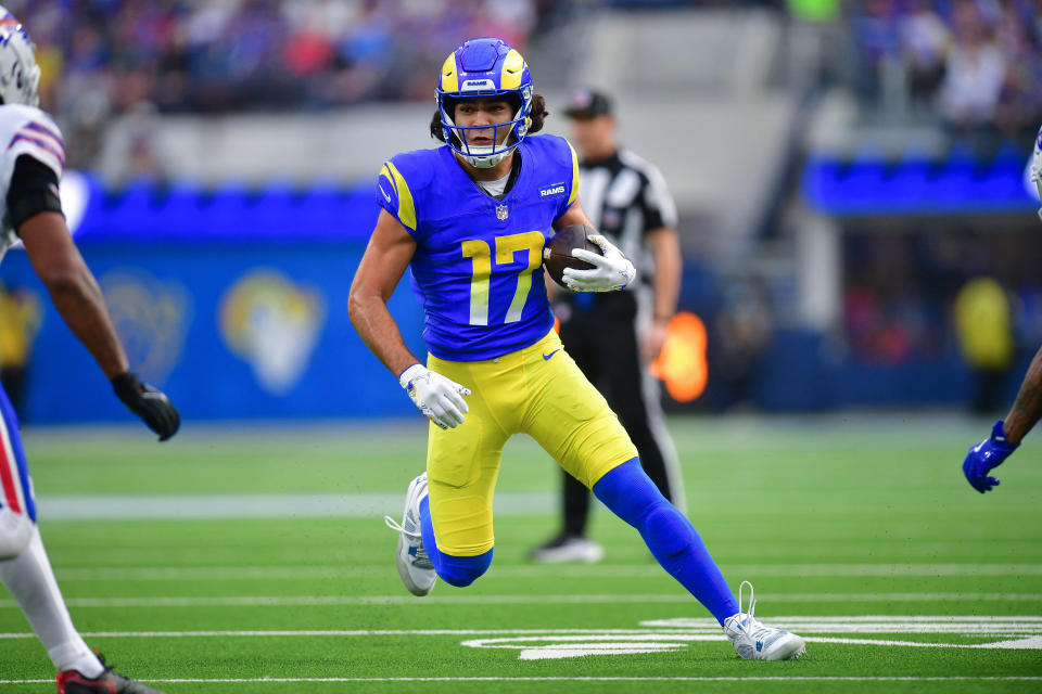 Dec 8, 2024; Inglewood, California, USA; Los Angeles Rams wide receiver Puka Nacua (17) runs the ball against the Buffalo Bills during the first half at SoFi Stadium. Mandatory Credit: Gary A. Vasquez-Imagn Images