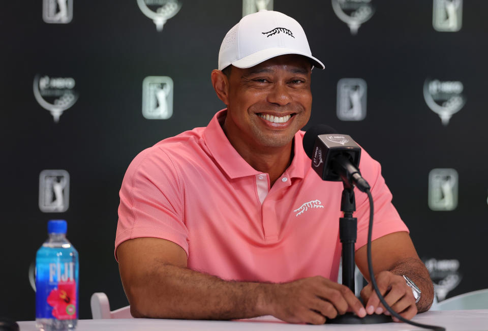 NASSAU, BAHAMAS - DECEMBER 03: Tiger Woods speaks to the media at a press conference prior to the Hero World Challenge 2024 at Albany Golf Course on December 03, 2024 in Nassau, Bahamas. (Photo by Kevin C. Cox/Getty Images)