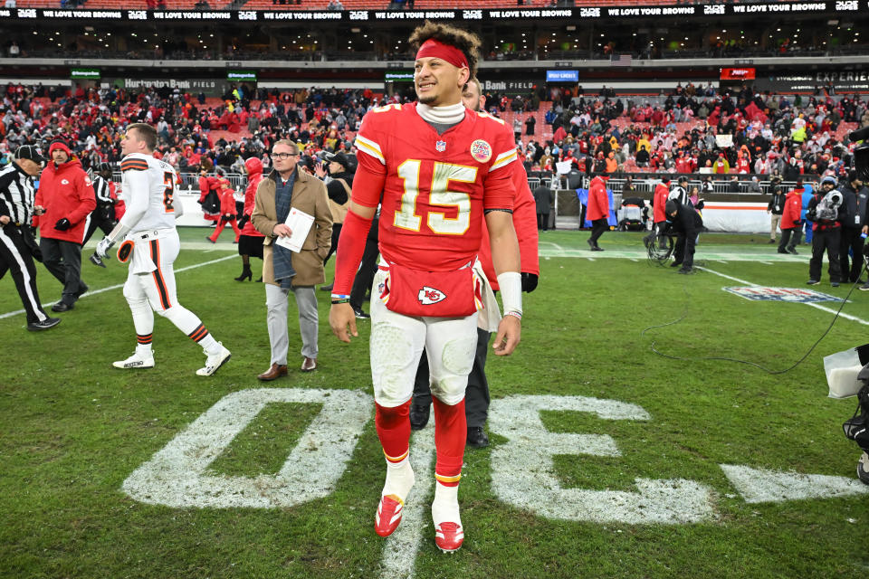 CLEVELAND, OHIO - DECEMBER 15: Patrick Mahomes #15 of the Kansas City Chiefs looks on after the game against the Cleveland Browns at Huntington Bank Field on December 15, 2024 in Cleveland, Ohio. (Photo by Nick Cammett/Getty Images)