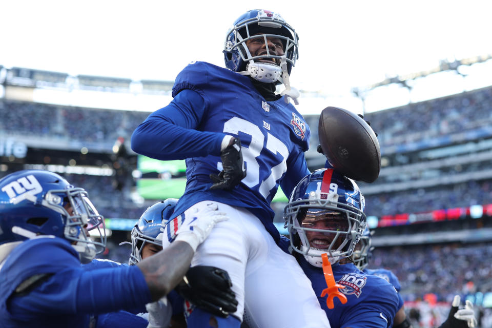 Tre Hawkins III celebrates after coming up with his first career interception on Sunday afternoon against the Saints.