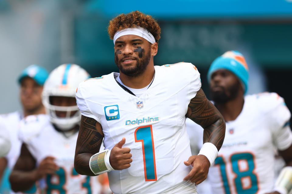 MIAMI GARDENS, FLORIDA - DECEMBER 08: Tua Tagovailoa #1 of the Miami Dolphins takes the field prior to a game against the New York Jets at Hard Rock Stadium on December 08, 2024 in Miami Gardens, Florida. (Photo by Megan Briggs/Getty Images)