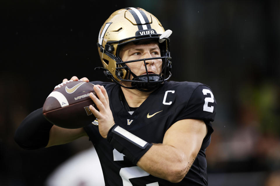 NASHVILLE, TENNESSEE - NOVEMBER 09: Diego Pavia #2 of the Vanderbilt Commodores warms up prior to the game between Vanderbilt and South Carolina at FirstBank Stadium on November 09, 2024 in Nashville, Tennessee. (Photo by Johnnie Izquierdo/Getty Images)