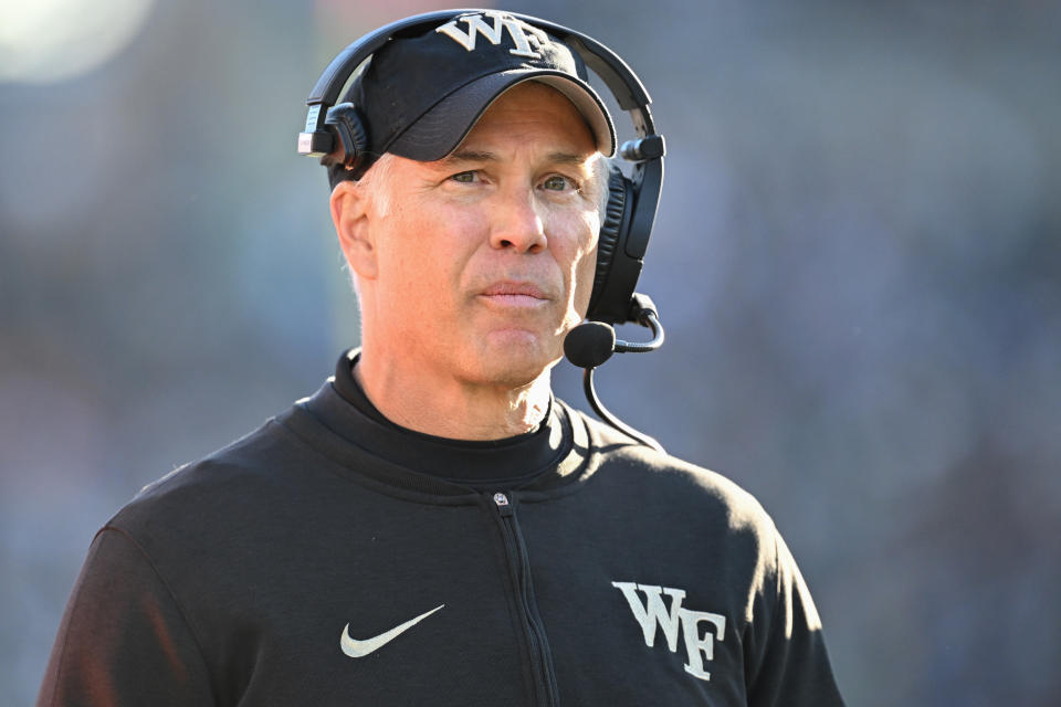 SOUTH BEND, INDIANA - NOVEMBER 18: Head coach Dave Clawson of the Wake Forest Demon Deacons looks on in the first half against the Notre Dame Fighting Irish at Notre Dame Stadium on November 18, 2023 in South Bend, Indiana. (Photo by Quinn Harris/Getty Images)