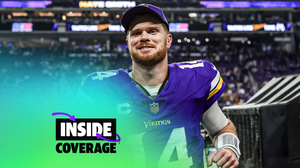 Minnesota Vikings quarterback Sam Darnold (14) smiles while leaving the field after winning 27-25 against the Green Bay Packers following an NFL football game Sunday, Dec. 29, 2024 in Minneapolis. (AP Photo/Stacy Bengs)