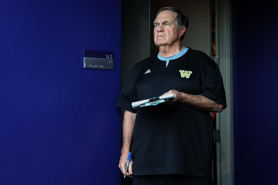 SEATTLE, WASHINGTON - OCTOBER 05: Bill Belichick, former NFL coach, looks on during the game between the Washington Huskies and the Michigan Wolverines at Husky Stadium on October 05, 2024 in Seattle, Washington. (Photo by Steph Chambers/Getty Images)